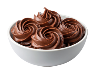 Delicious chocolate frosting swirls in a white bowl. transparent background png