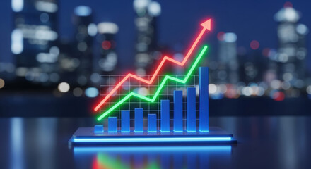 Vibrant financial growth chart featuring glowing green and red lines over blue bars, set against a blurred cityscape at night symbolizing market success.