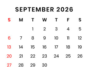 september 2026 Calendar png transparent background