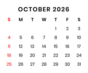 october 2026 Calendar png transparent background