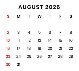 August 2026 Calendar png transparent background
