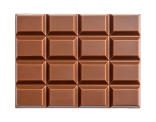 Delicious milk chocolate bar with sixteen squares ready to be broken and enjoyed. transparent background png