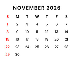 november 2026 Calendar png transparent background