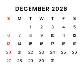 december 2026 Calendar png transparent background