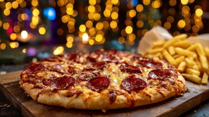 A close-up shot of a round, cheesy pizza topped with pepperoni slices and served alongside a portion of golden french fries on a wooden board