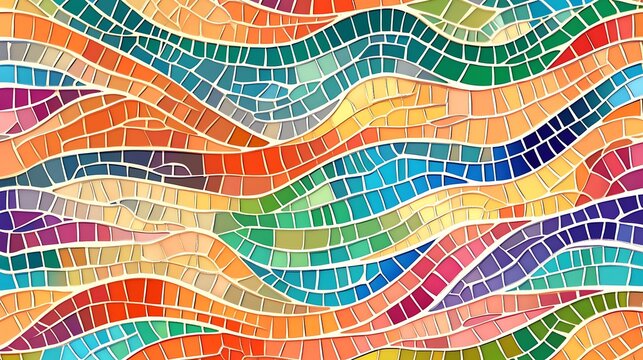 Vibrant abstract mosaic background featuring flowing waves of colorful tesserae creating a dynamic and cheerful artistic texture