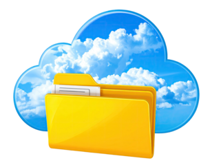 A yellow folder merges with a cloudscape, symbolising digital storage