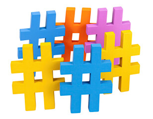 Obraz premium Interlocking colorful plastic toy blocks in a hashtag shape, clustered