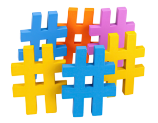 Interlocking colorful plastic toy blocks in a hashtag shape, clustered