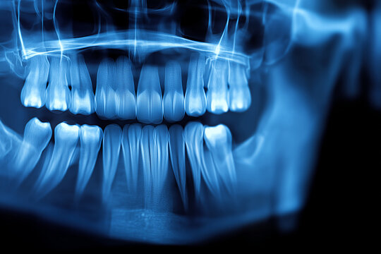 High Resolution Blue Panoramic Dental X-Ray Image of Teeth and Jaw Structure