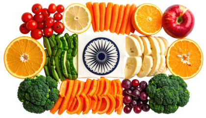 Indian flag depiction created with colorful fruits and vegetables