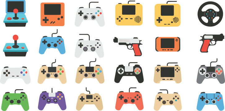 Video game controller and console icon set with retro joysticks modern gamepads handheld devices and gaming peripherals isolated on white background flat vector illustration