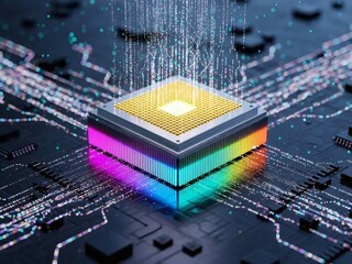 Advanced Microchip with Rainbow Lighting and Data Streams.