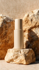 Minimalist skincare bottle mock-up on beige stone background, soft shadows, clean and elegant, top-down view, natural lighting

