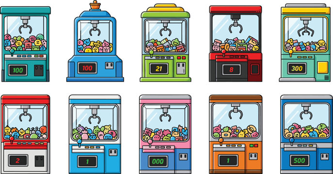 Set of colorful arcade claw machines and toy grabber cabinets with various prizes and digital displays isolated on white background flat vector illustration