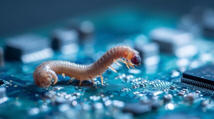 A close-up shot of a small larva crawling across a circuit board with electronic components