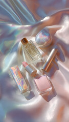 
Flat lay of pastel beauty products on gradient silk fabric with dreamy tones and glowing highlights

