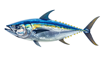 Vivid illustration of a large fish with blue, yellow and silver hues