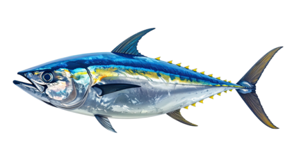 Vivid illustration of a large fish with blue, yellow and silver hues