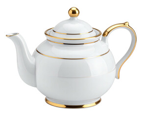 Elegant white porcelain teapot with gold accents, isolated on black