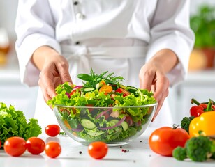 Chef presenting vibrant salad bowl, surrounded by fresh ingredients