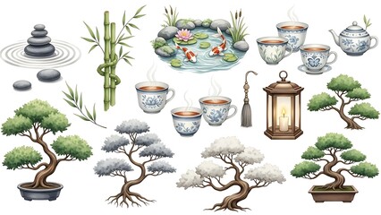 A serene collection of Japanese-inspired elements including bonsai trees, a koi pond, bamboo stalks, stacks of zen stones, a glowing lantern, and steaming tea cups with a teapot.
