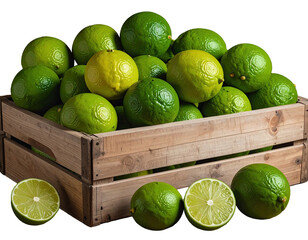 A wooden crate overflowing with green and yellow citrus fruit