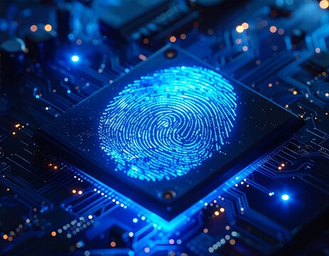 Illuminated fingerprint on a microchip, representing digital security