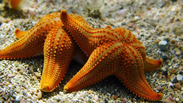 Three orange starfish on sand under clear water, showcasing sea life and nature's beauty.