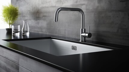 A sleek modern kitchen sink setup with a tall curved faucet and dark granite countertops