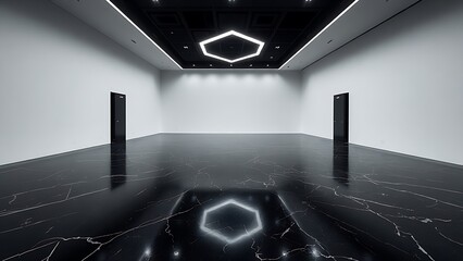 pronouncement. A minimalist gallery with black marble floor reflecting geometric ceiling lights. real-estate listings.