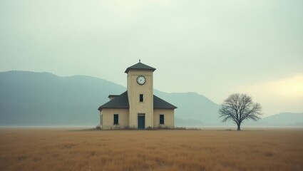 Clock tower in serene countryside