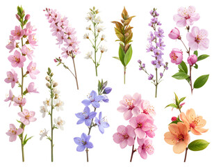 Vibrant collection of diverse blooming flowers and botanical elements. transparent background png