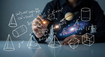 Conceptual image of a person drawing geometric shapes and universe elements on transparent surface, creating a fusion of mathematics and cosmic exploration in dark blue tones.