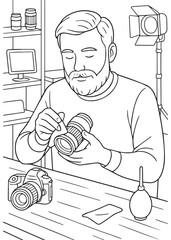 Coloring book Dad cleaning camera in workspace