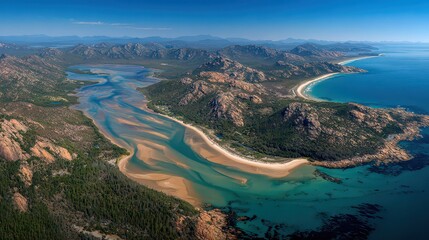 Aerial Panorama of Turquoise Waters Surrounded by Rocky Cliffs and Verdant Greenery in Sardinia Coastal Landscape with Warm Hues Under Bright Sunny Sky