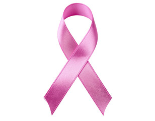A glossy, pink, ribbon icon on a stark black background