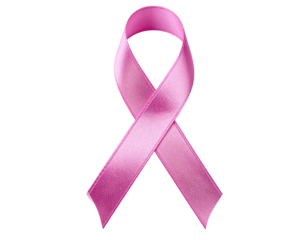 A glossy, pink, ribbon icon on a stark black background