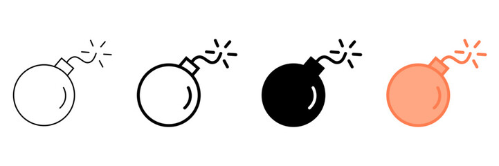 Set of minimalist bomb icons with transparent background, depicting danger, threat, explosion, warning, urgency, and critical situations, vector illustration