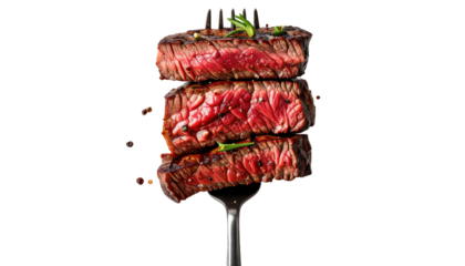 Sliced grilled steak stacked on a fork against a black backdrop
