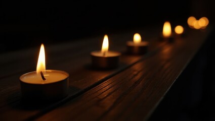 Row of lit candles on wooden surface