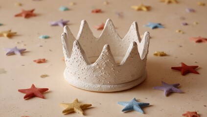 Naklejka premium White crown on a pastel background surrounded by colorful stars