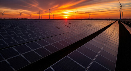 Panoramic view of a solar panel field and distant wind turbines under a vivid orange sunset, showcasing renewable energy sources at dusk.