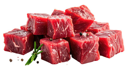 Raw, cubed beef pieces with seasoning and herbs, ready for cooking