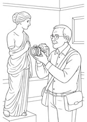 Coloring book Dad photographing statue in museum