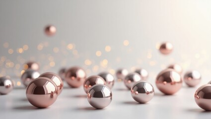 Shimmering rose gold ornaments on white surface