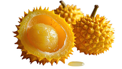 Spiky, golden fruit, sliced open, revealing juicy segments