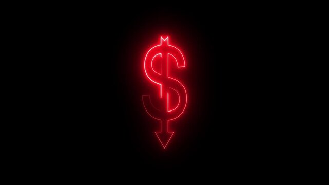 Neon Glowing Dollar Symbol with Downward Arrow Icon Animation on Black Background, Looping Financial Decline and Loss Symbol for Expense Increase, Revenue Drop, Market Downtrend, Business Finance UI