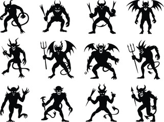Set of Black Silhouette Devil Characters with Horns and Wings Keywords: devil, demon, silhouette, character, evil, monster