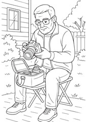 Coloring book Dad reviewing camera and lenses in the backyard